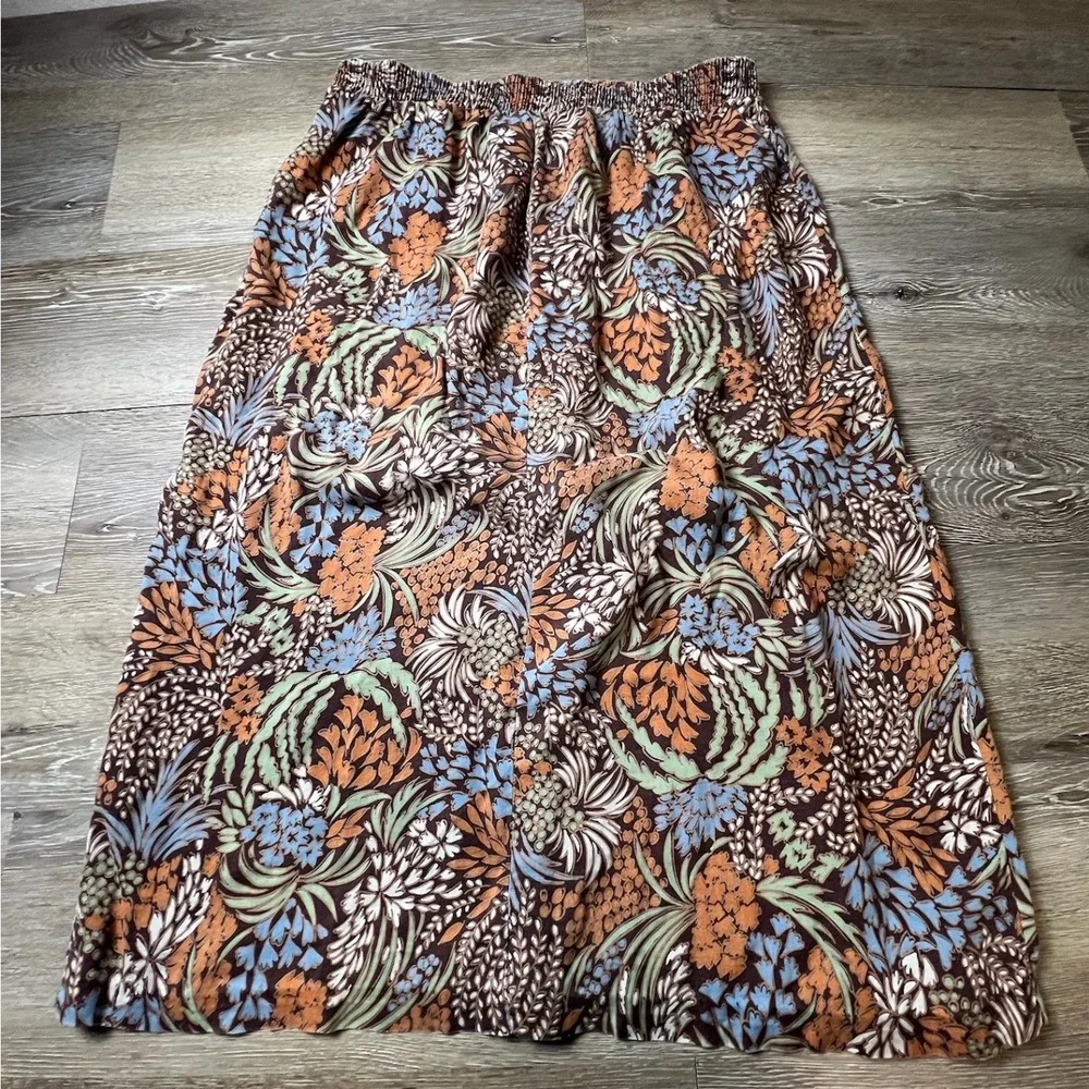 Handmade Floral Maxi Skirt Womens M Brown Orange Smocked Elastic Waist Boho